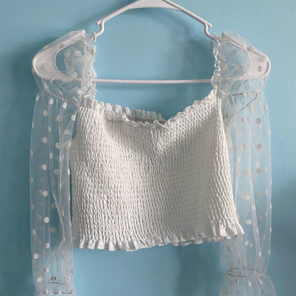 Woman’s White Mesh Sleeve Sheer Top